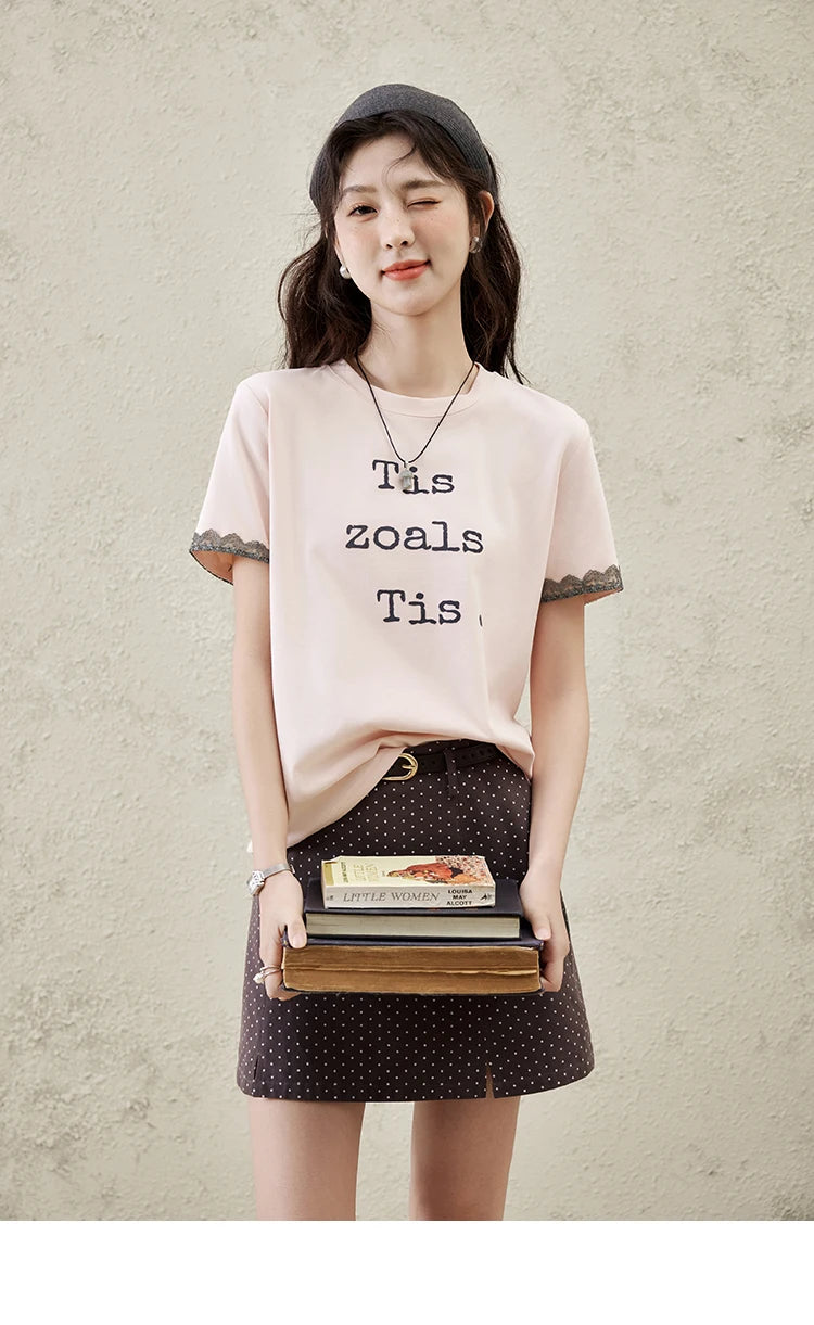 MISHOW Casual Pink Letter T-shrit Women Summer 2025 New Short Sleeve Round Neck Shirts Woman Fashion Lace Tops Lady MXE32T0529