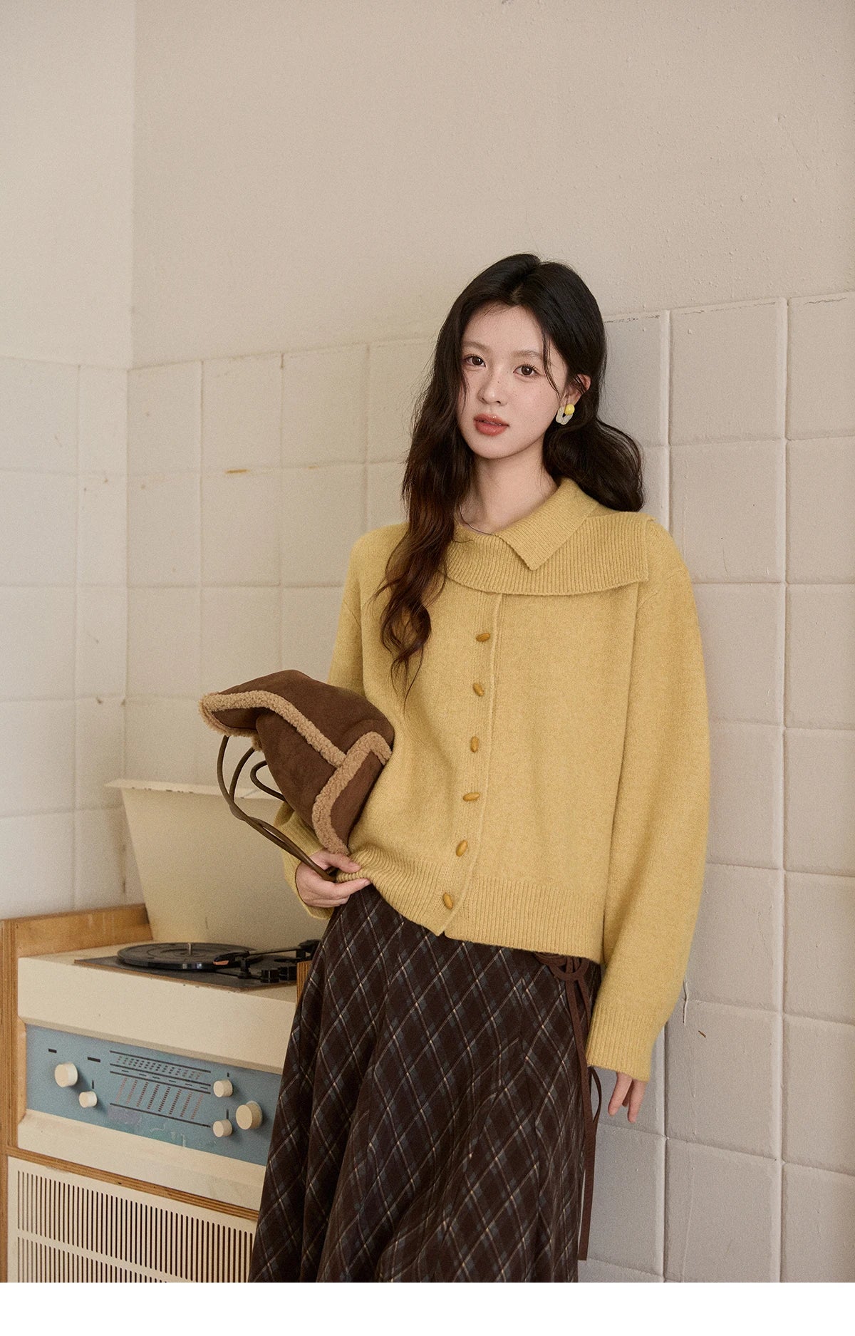 MISHOW Women's Mustard Yellow Knit Cardigan 2026 Spring Asymmetric Collar Dropped Sleeves Tops Casual Loose Sweater MXE93Z2936
