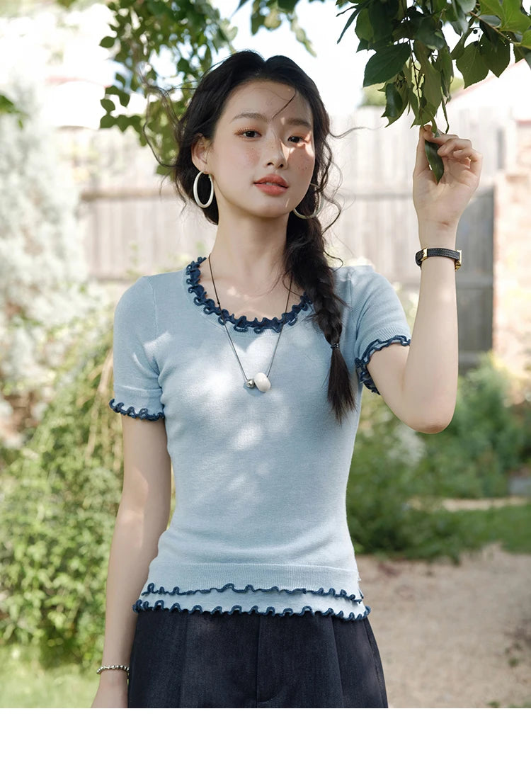 MISHOW Women's Round Neck Knit T-shirt Summer 2025 Fashion Ear Edge Short Top Casual Short Sleeve Tee Female Clothing MXE32Z1233