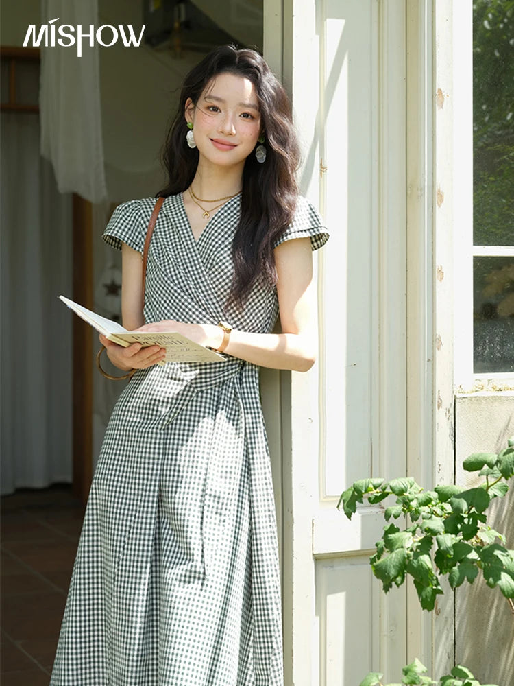 MISHOW Women's Fashion V-neck Dress 2025 Summer Office Lady Plaid Waist Cinched Sashes Short Sleeve Female Dresses MXE39L2410