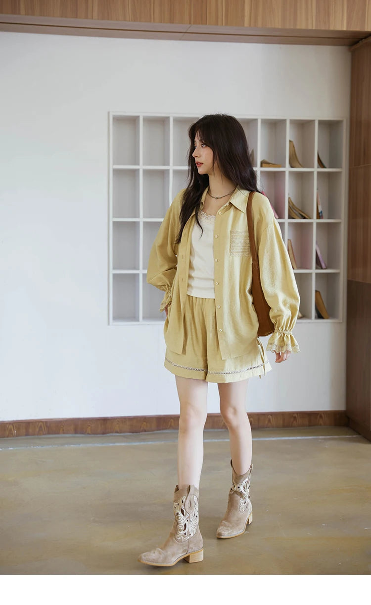 MISHOW Yellow Linen Three Piece Solid Splicing Lace Shirt Camisole Elastic Waist Shorts Vintage Hollowed Out Lace Set MXE42T0718