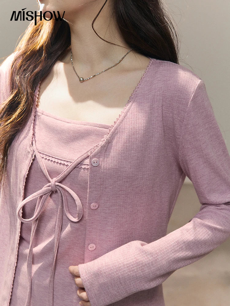 MISHOW Women's Purple Knitted Two-Piece Set 2026 Spring Knitted V-neck Lace-Up Cardigans Camisole Irregular Tops Set MXF13Z2998