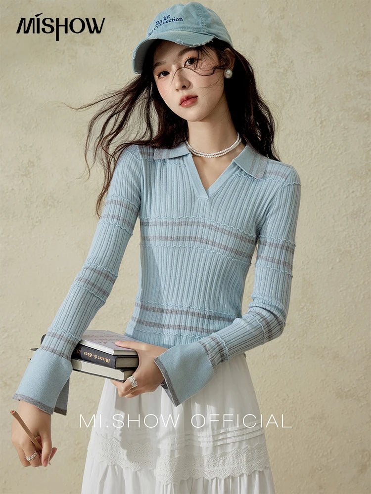 MISHOW Striped Knitted Tops for Women Spring 2025 Contrast Color Striped Slim V-neck Trumpet Sleeves Commuter Outfit MXE13Z1141