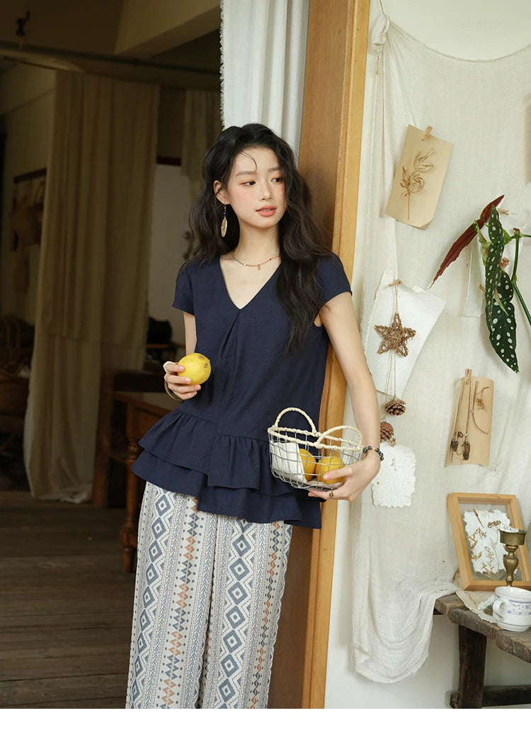 MISHOW Women's Two Piece Set 2025 Summer Spliced Lotus Leaf Edge V-neck Blouse Fashion Geometric Wide Leg Pants Set MXE39T0670