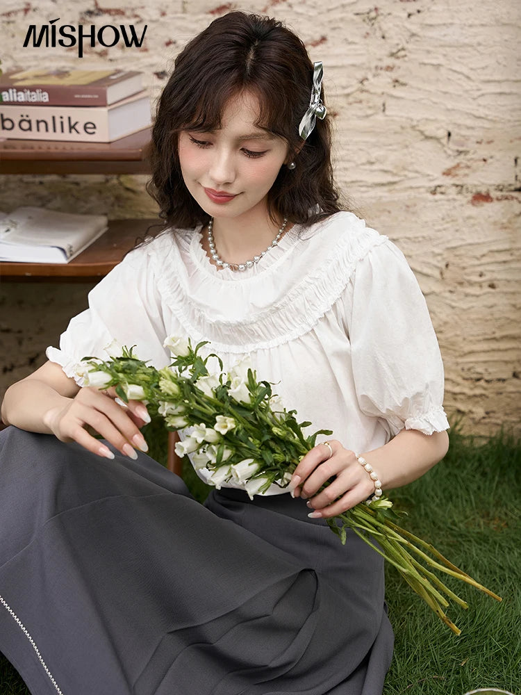 MISHOW French Cotton Bubble Sleeve Blouse Lace Collar MXD23X1500
