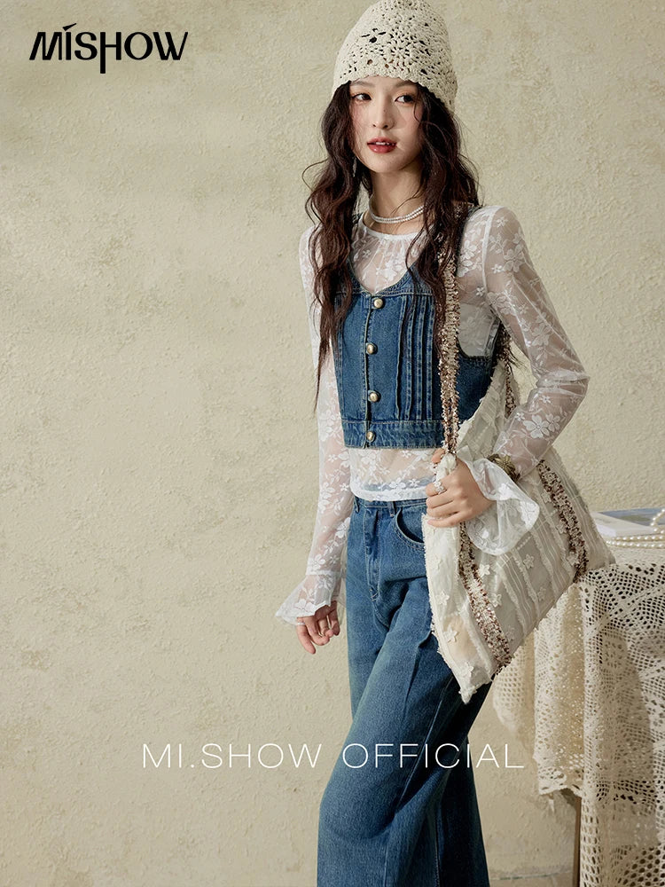 MISHOW Retro Denim Vest Coat for Women Spring Summer 2025 Deep Blue V-neck Short Versatile Outer Outfit U-neck Ccoats MXE16W0750