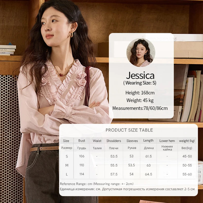 MISHOW Hand Sewn Rose Blouse for Women Autumn 2025 V-neck Edible Tree Fungus Edge Tops Sweet Lantern Sleeves Blouses MXE44X2470