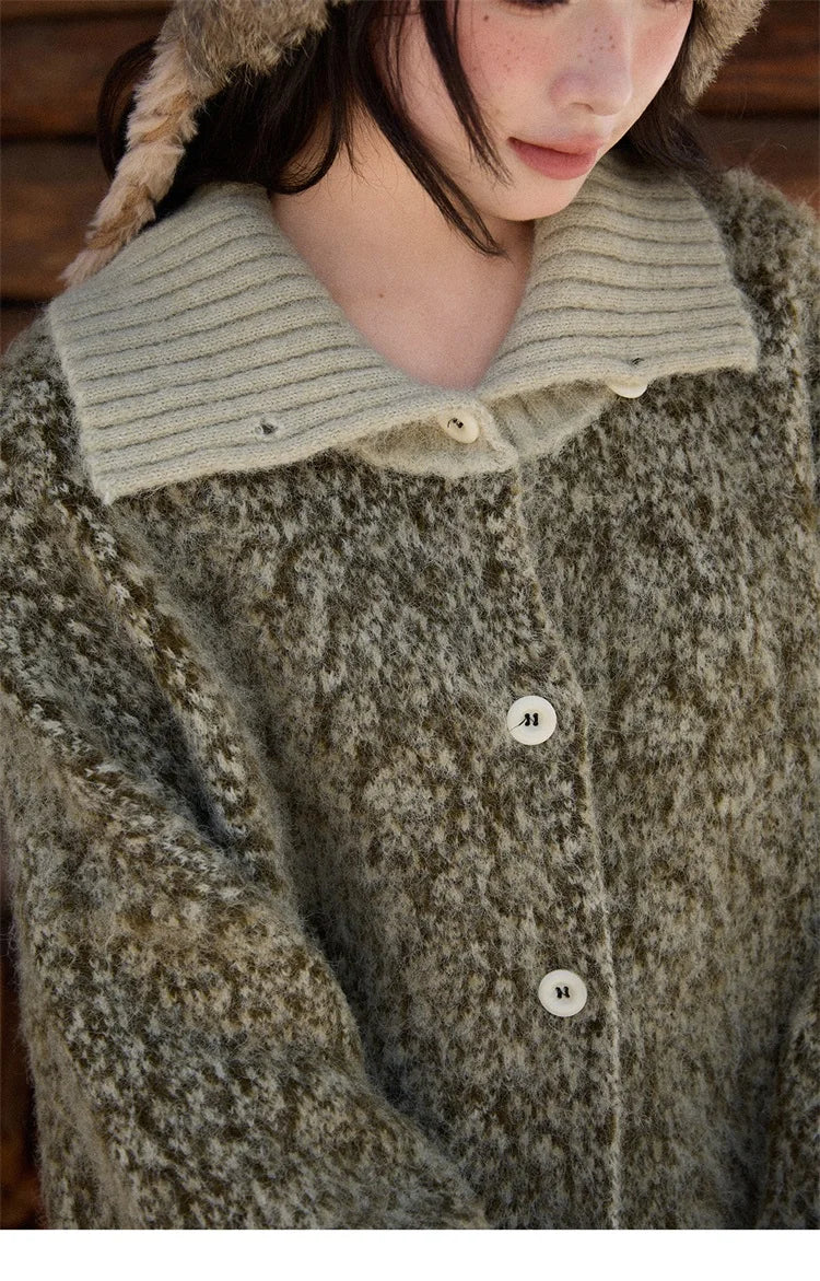 MISHOW Women's Green Retro Mottled Sweater Winter 2025 Casual Stand-up Collar Batwing Sleeves Knitted Cardigan tops MXE90Z2787