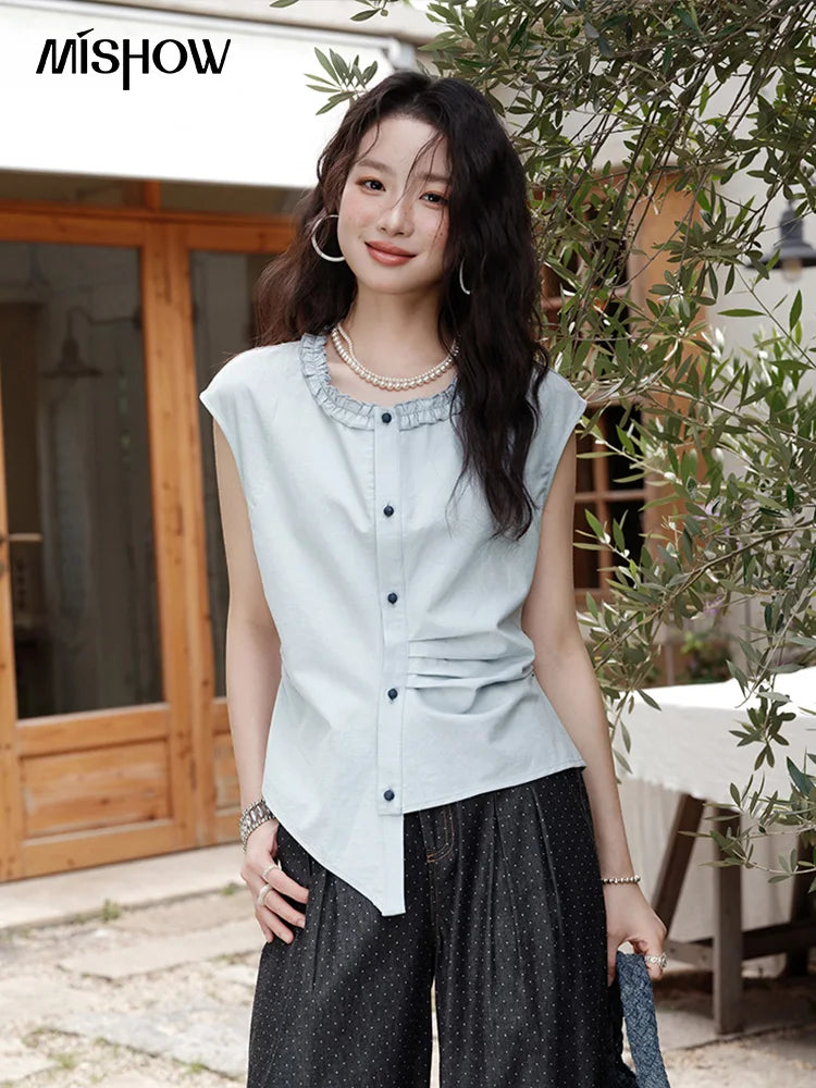 MISHOW Women's Casual Round Neck Shirt 2025 Summer New Office Lady Slim Shirt Sleeveless Button Top Female Clothing MXE38X1864