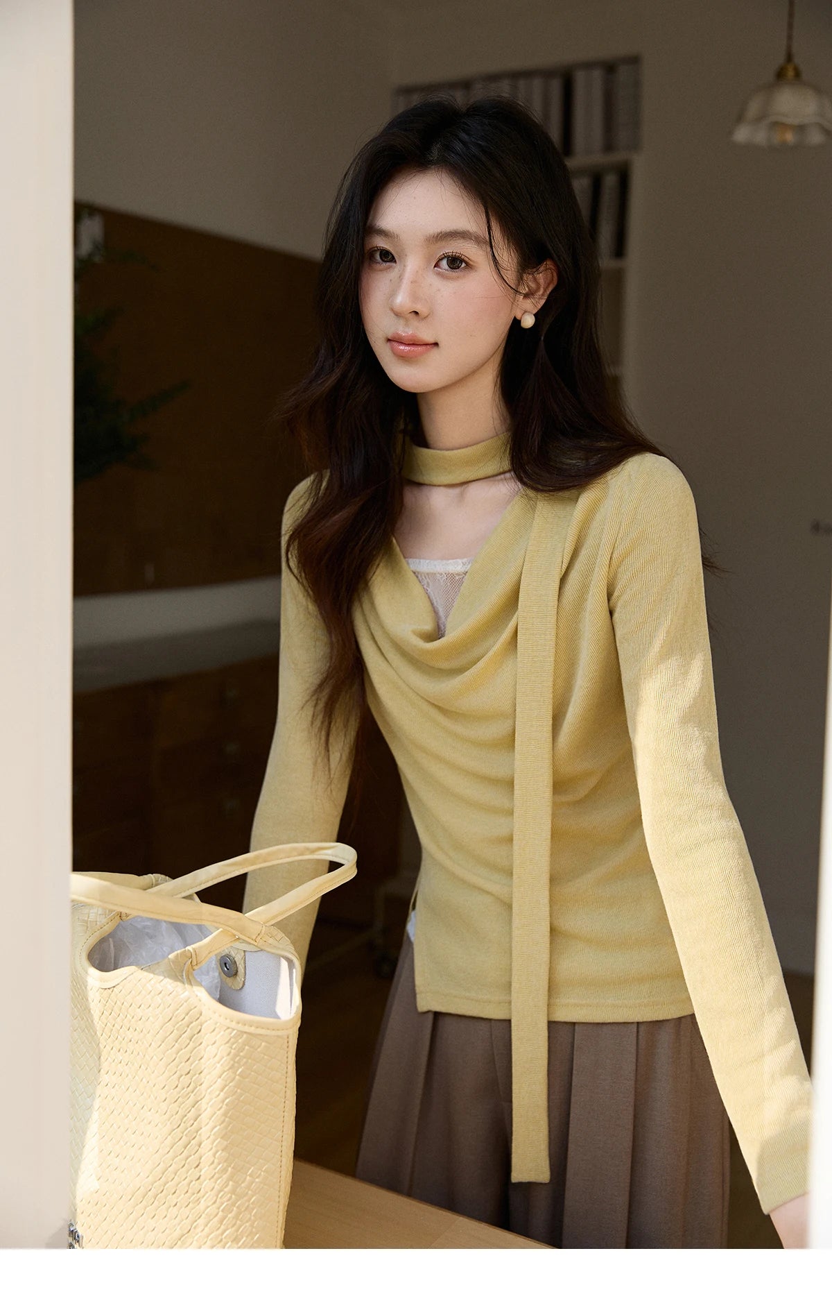 MISHOW Women's Yellow Splicing Lace Long Sleeve Knitted Top Spring Ribbon Draped Collar Casual Slim Thin Sweater MXF108Z1030