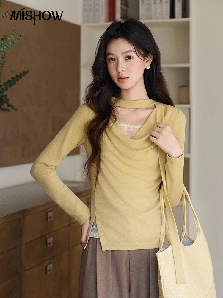 MISHOW Women's Yellow Splicing Lace Long Sleeve Knitted Top Spring Ribbon Draped Collar Casual Slim Thin Sweater MXF108Z1030