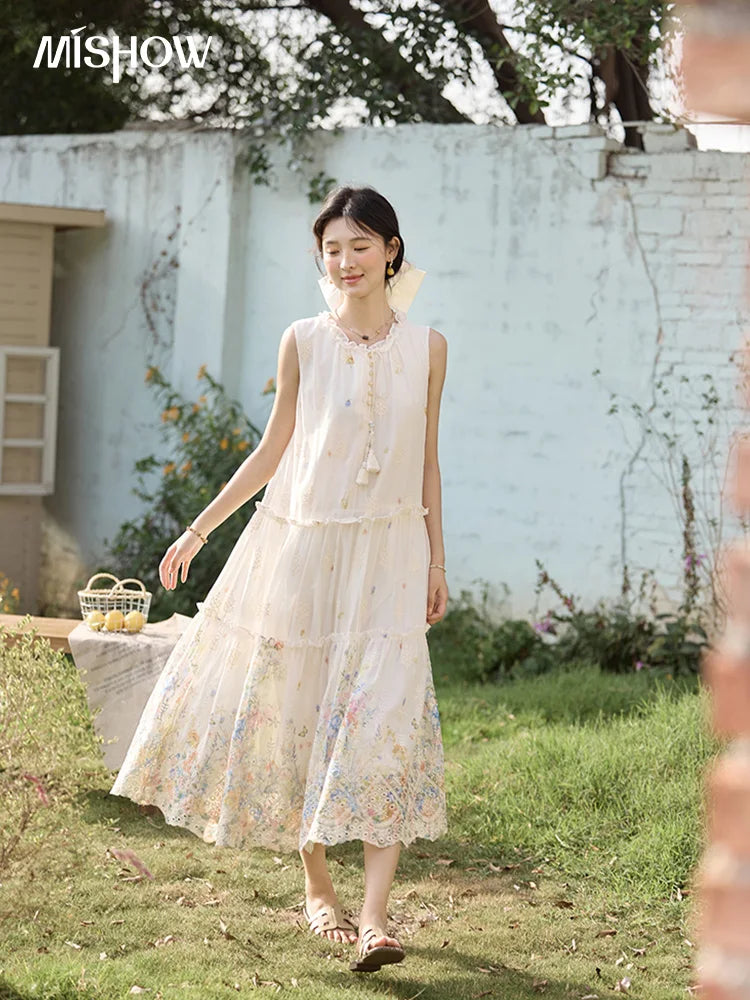 MISHOW Women's Fashion Sleeveless Print Dress 2025 Summer New Mushroom Edge O-Neck Lace Up Tassels Loose Midi Dresses MXE36L2253