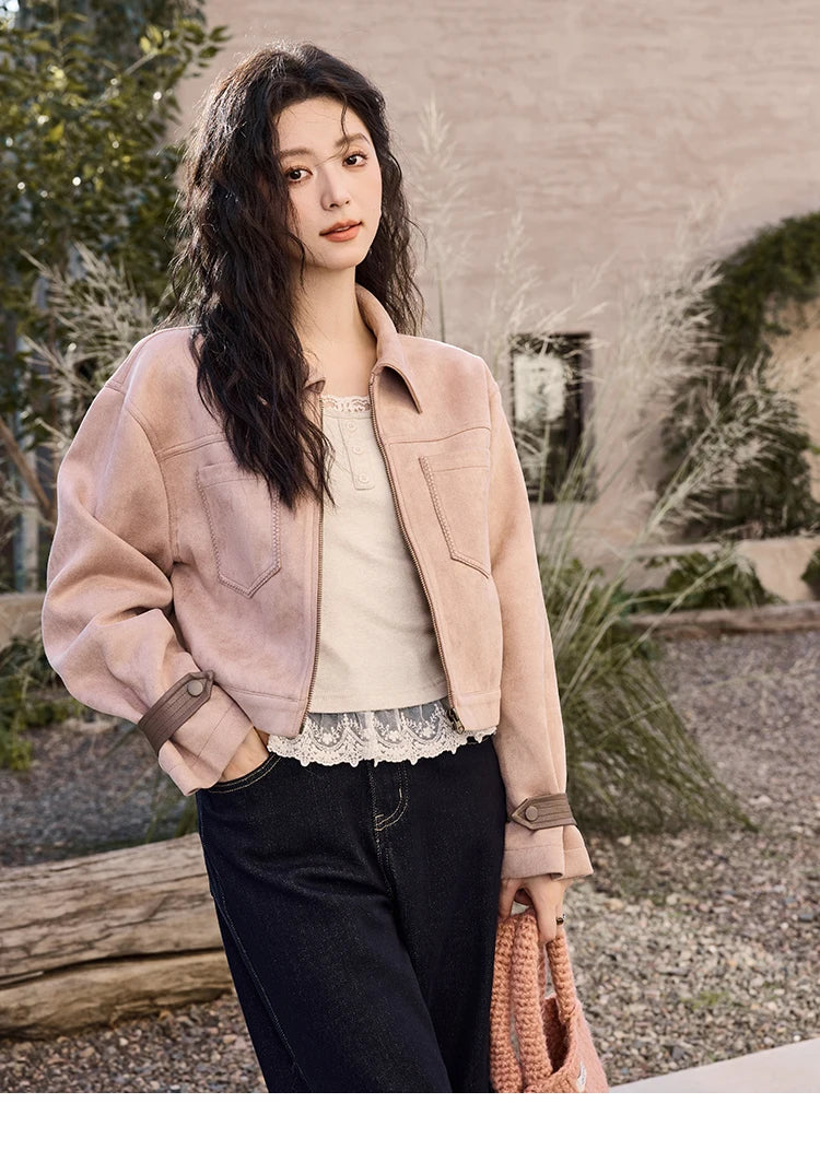 MISHOW Suede Symmetric Pocket Jacket American Vintage Zipper Short Outwear 2024 Winter Sweet Slim Lapel French Jacket MXD48W0478