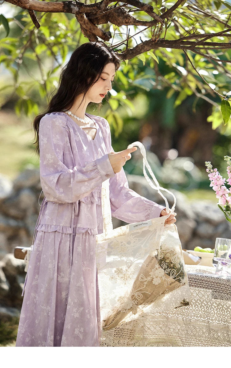 MISHOW Elegant Black Fungus Edge Dress for Women Spring 2025 Floral Lace-up Waist Dresses Long Sleeved Cake Dress MXE13L2101