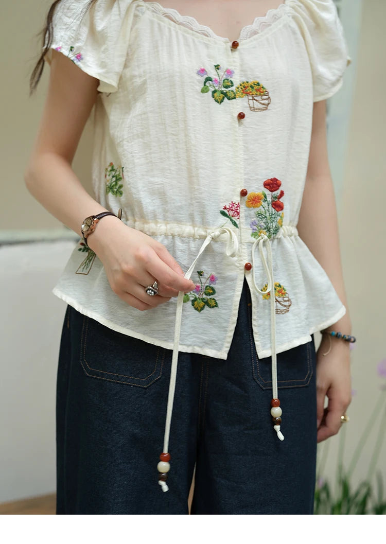 MISHOW Women's Fashion Flower Embroidery Blouse Summer 2025 Square Neck Lace Drawstring Short Top Ladies Clothing MXE37X1895