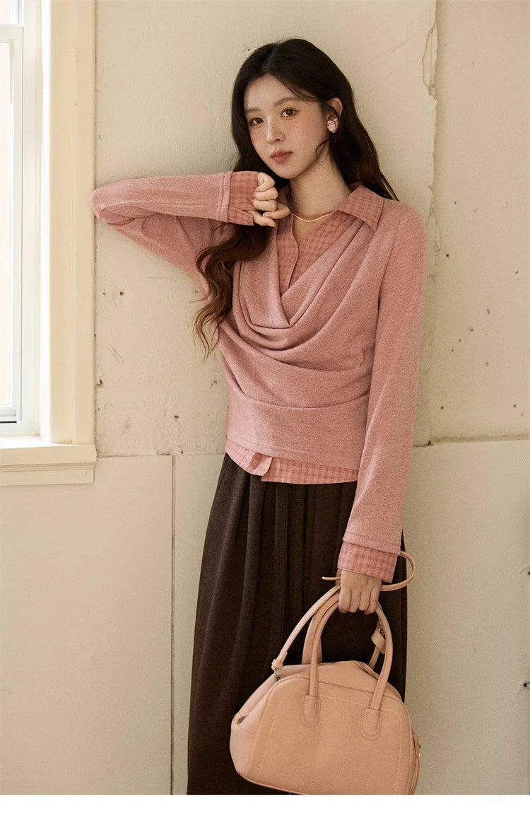 MISHOW Women Knit Top 2025 Winter Faux Two-piece Pullovers Retro Plaid Patchwork Draped Collar Luxury Design Pink Top MXE87Z2747