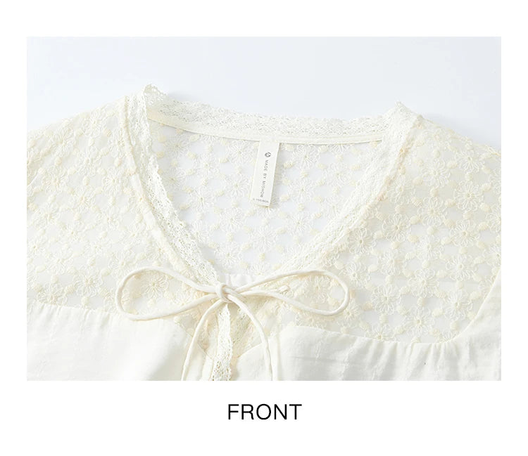 MISHOW Lace Patchwork Shirt for Women Spring 2025 V-neck with Fungus Edge Lace-up Chiffon Top Petal Sleeve Shirts MXE13X1713