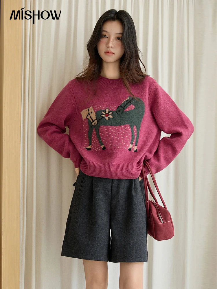 MISHOW Red Sweater Women 2025 Autumn Winter French Round Neck Pony Jacquard Loose Pullovers Long-sleeved Knitted Top MXE48Z2622