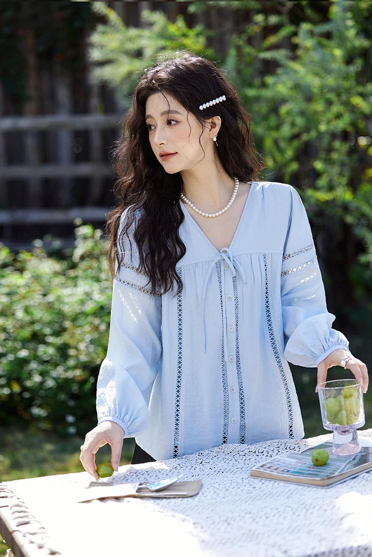 MISHOW French Sweet Loose Blue Shirt for Women 2025 Spring Summer V-neck Lace-up Hollow Doll Shirt Lantern Sleeve Top MXE12C0411