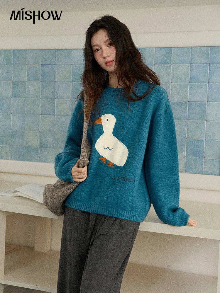 MISHOW Woman Knit Top Peacock Blue Jacquard Sweater for Women 2025 Winter O-neck Long Sleeve Loose Fit Thick Sweater MXE86Z2751