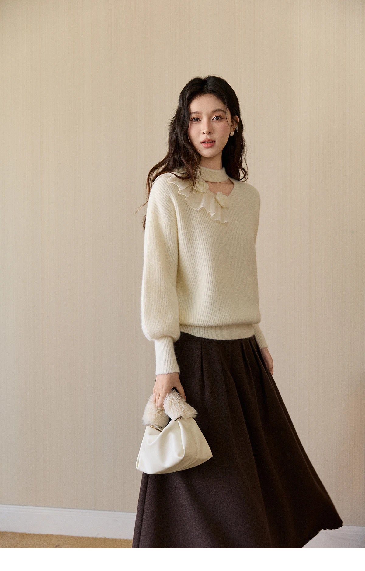 MISHOW Women's Cutout Neck Knitted Sweater 2025 Winter Ruffle Flower Decor Dropped Lantern Sleeves Pullover Tops MXE94Z2982