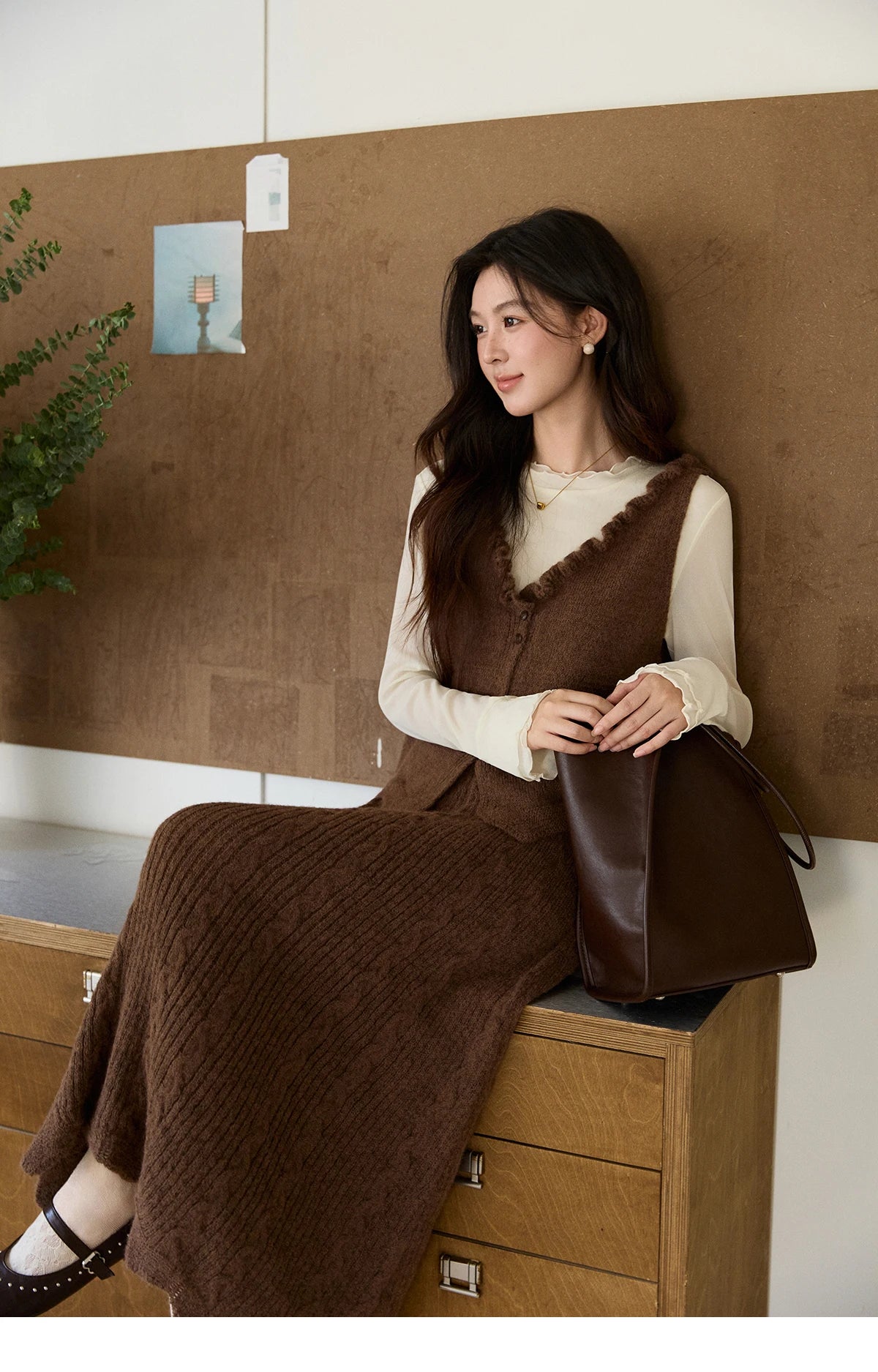 MISHOW Women's Brown Two-Piece Set 2026 Spring Knitted Vest V-Neck Cable Knit Maxi Skirt Casual Retro Warm Outfit MXF11T1460