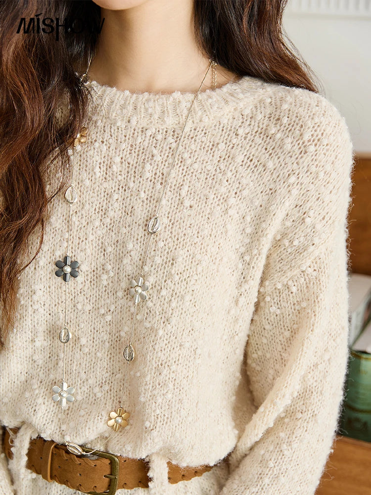 MISHOW Sweater Woman Wool 2025 Autumn New Belt Waist Design Drop Shoulder Sleeves Knit Top Commute Pullover Women MXE46Z2582