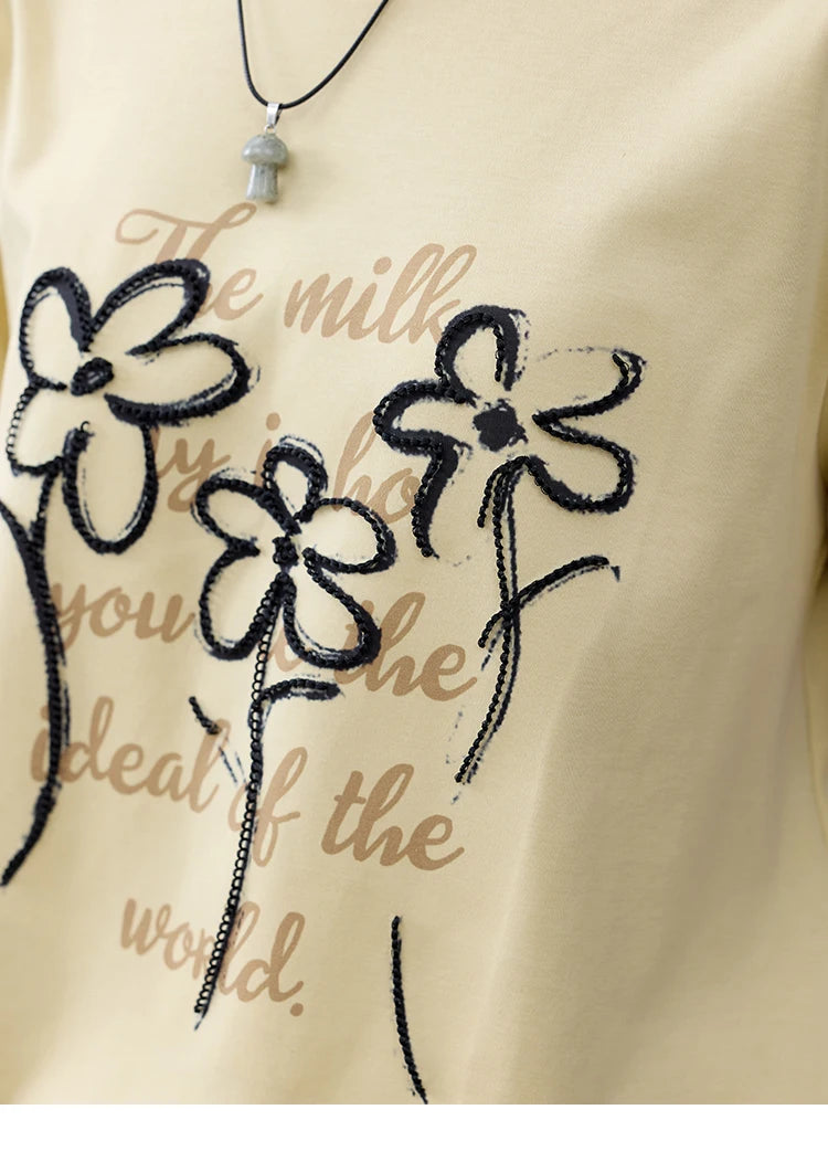 MISHOW Casual Print T-shirts Women Summer 2025 Short Sleeve Round Neck Embroidered Flower Shirt Female Loose Slimming MXE33T0498