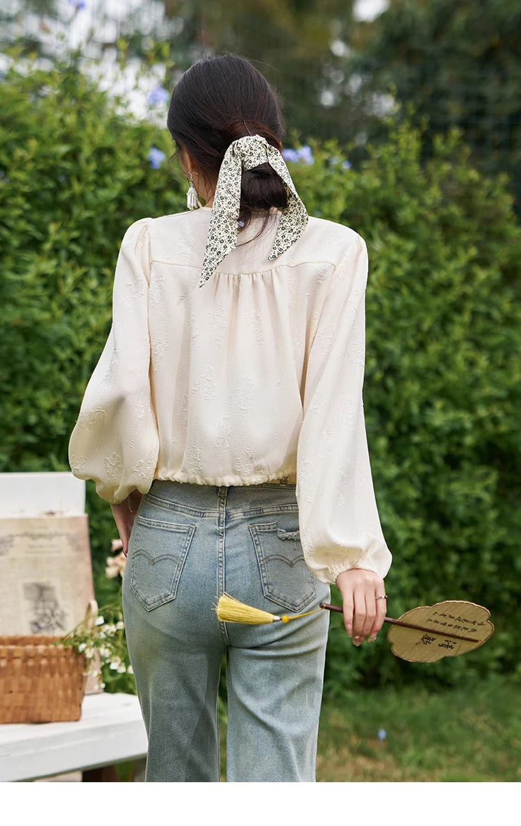 MISHOW Chinese Button Up Single Row Shirt for Women 2024 Spring Jacquard Hem Drawstring Puff Sleeve Solid Loose Top MXD14X1386