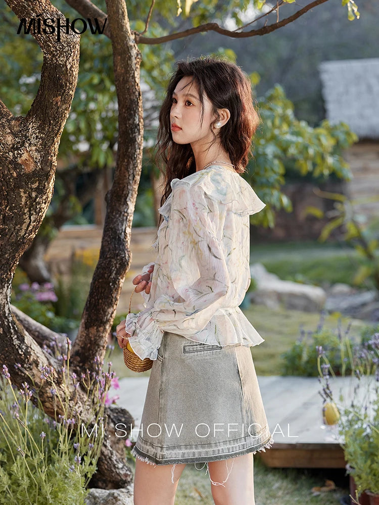 MISHOW Floral Ruffled Edges Blouse with Camisole Set Spring 2025 Loose V-neck Lace-up Chiffon Top Petal Sleeve Blouse MXE13X1718