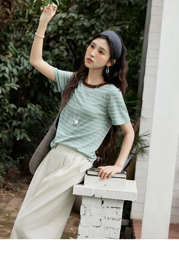 MISHOW Striped Knitted T-shirt for Women Summer 2025 Color Contrasting Round Neck Tees Wool Blended Slim Casual Top MXE35Z1270