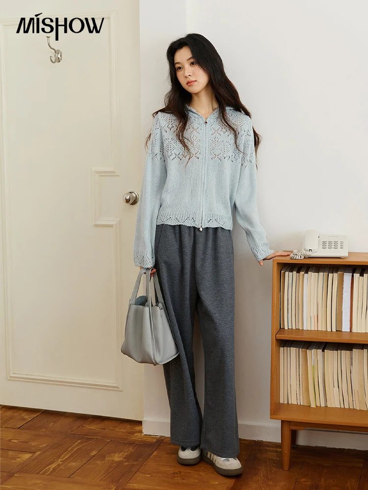 MISHOW Women's Autumn Cardigan 2025 New Loose Blue Hollow Knitted Cardigan Commute Hooded Short Zipper Sweater MXE46Z2584