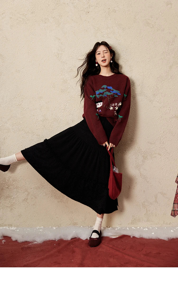 MISHOW Splicing Knitted Skirt For Women 2025 Spring New Korean Lace Loose Elegant Slim Temperament Pleated Long Skirt MXD59B0632