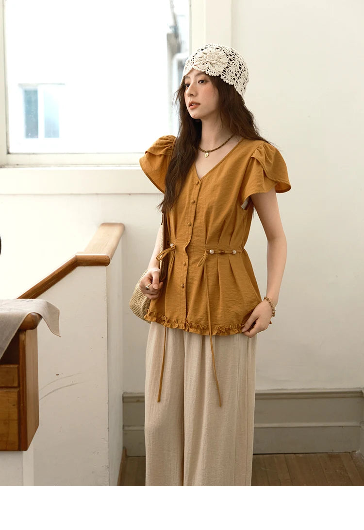 MISHOW Women's Petal Sleeve Slim Shirt 2025 Summer New V-neck Button Bead belt Black Fungus Edge Top Ladies Clothing MXE39X1881