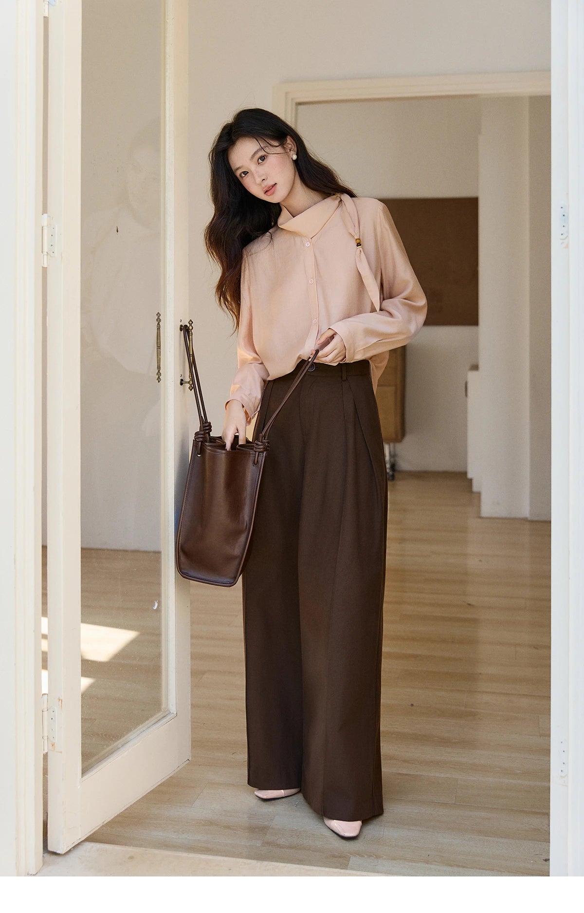 MISHOW Women's Nude Pink Shirt Spring Versatile Ribbon Stand Neck Shirts Button-Down Casual Commute Long Sleeve Top MXE11X2547