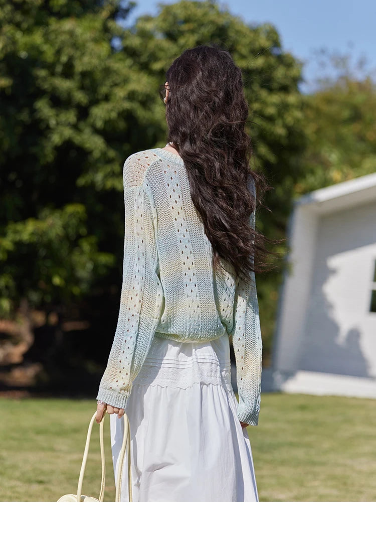 MISHOW Gradient Blue Green Knitted Sweater Women 2025 Autumn Long Sleeve V-neck Drawstring Tops New Fashion Sweaters MXE16Z1171