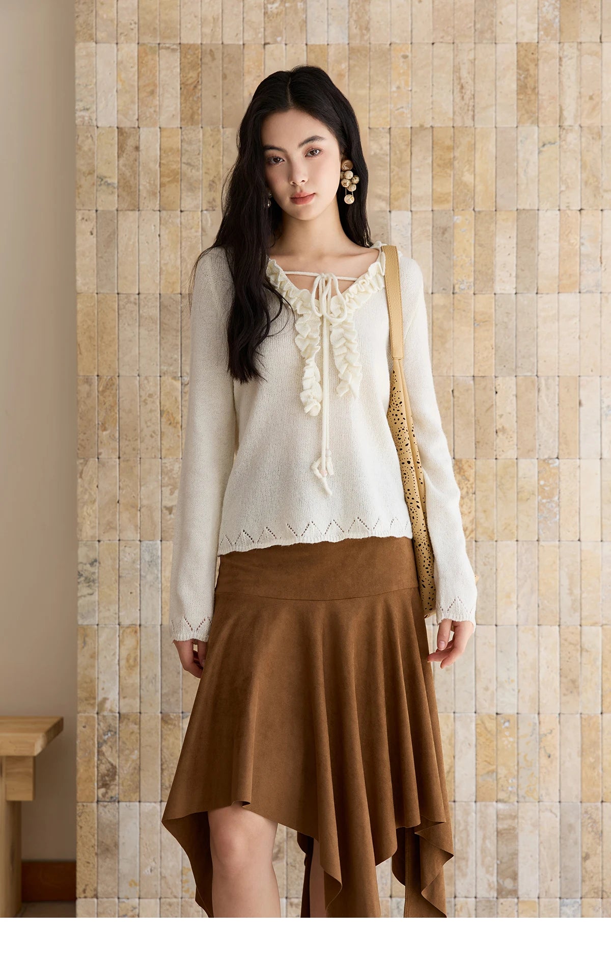 MISHOW Women Long Sleeve Tees 2025 Autumn New V-neck Wood Ear Hollow Out Knitted Sweater Women's Beige Wool Top MXE51Z2595