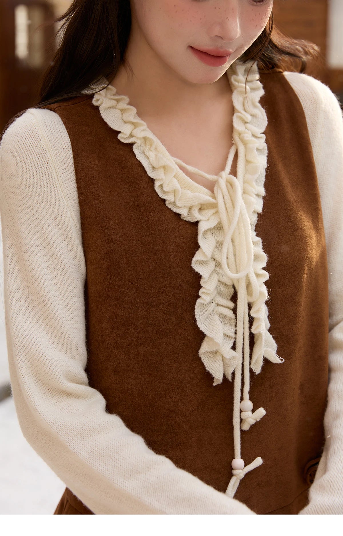 MISHOW Women's Elegant Brown Retro Suede Vest Dress 2025 Autumn Winter Hollow Out V-Neck Tank Dress Sleeveless Dress MXE51L2524