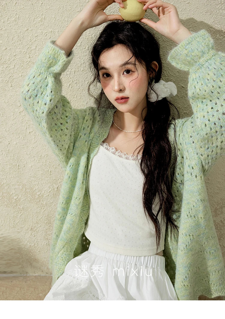 MISHOW Green Knitted Cardigan for Women Spring 2025 Loose Hollow Out Wave Neck Commuting Slim Open Stitch Cardigan MXE12Z1212