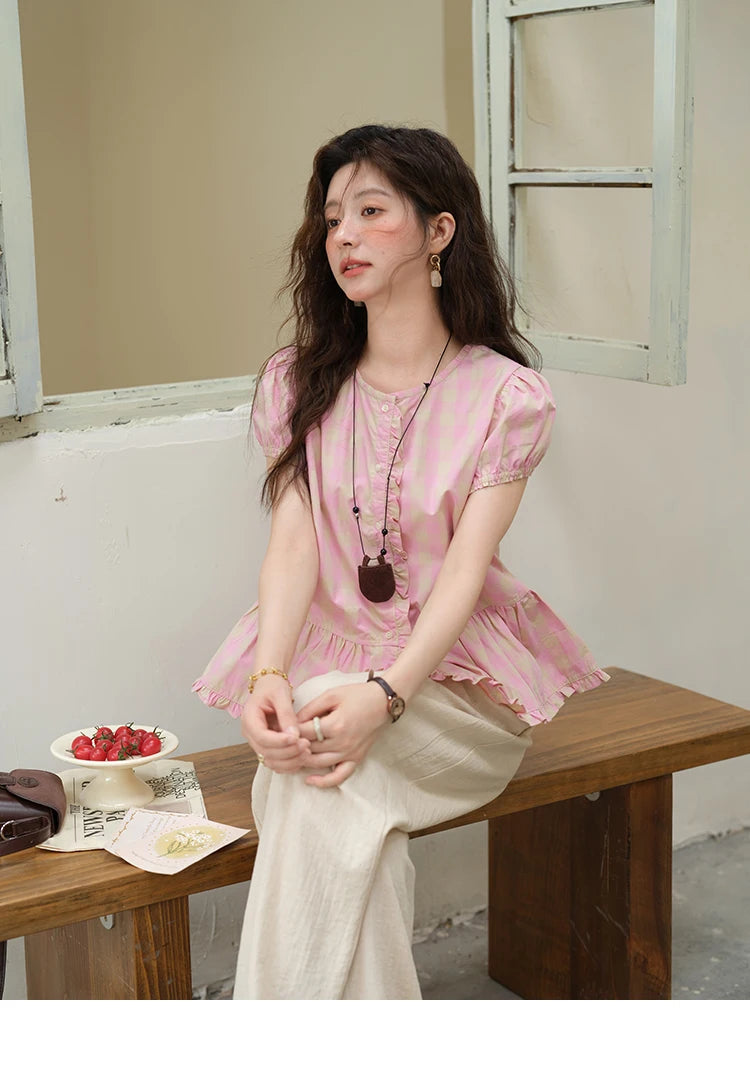 MISHOW Women's Puff Sleeve Plaid Button Shirt 2025 Summer New Fashion O-Neck Wood Ear Casual Shirt Cotton Pink Top MXE39X1932