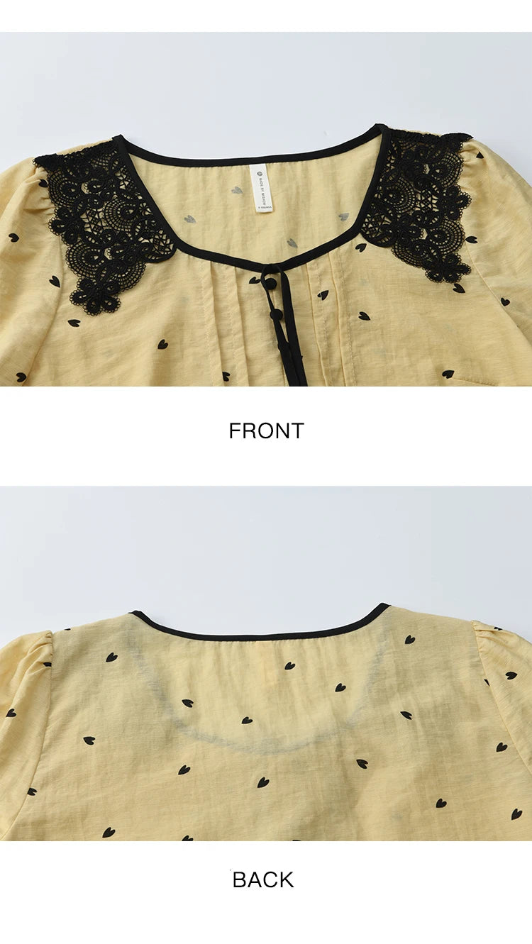 MISHOW Women's Yellow Heart Printed Shirt Autumn Lace Hollowed Out Collar Bubble Sleeve Top Lace-up Commuter Shirts MXE41X1949