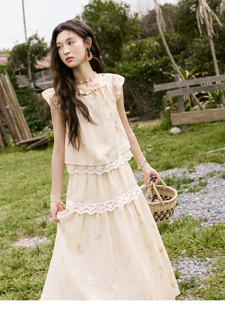 MISHOW Sweet Summer Skirt Sets Women New 2025 Short Flying Sleeve Round Neck Tops Hollow Embroidery A-line Skirt Lady MXE33T0545