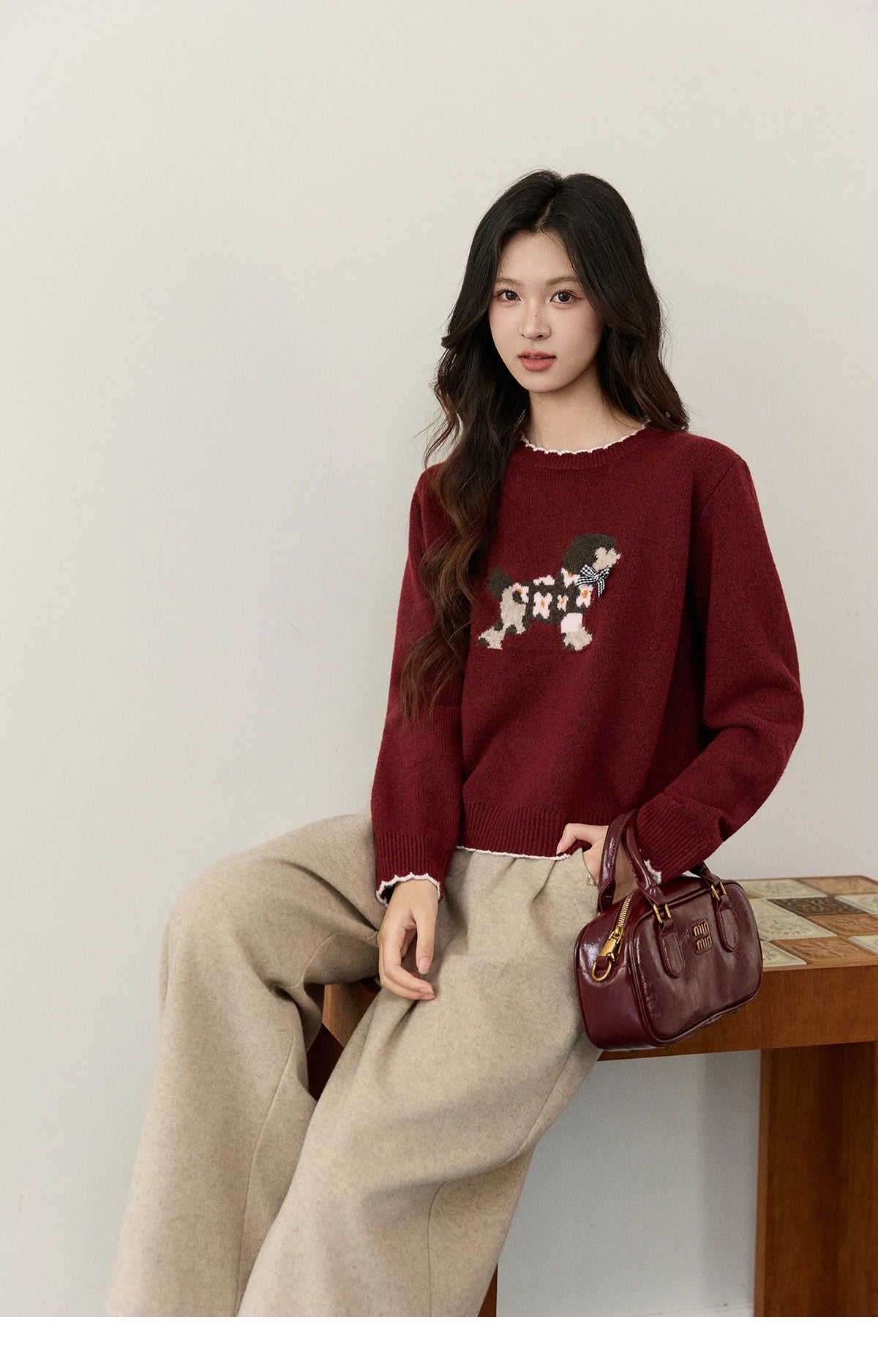 MISHOW Women's Burgundy Knitted Sweater 2025 Winter Poodle Pattern Ruffled Trim Crew Neck Sweater Warm Pullover Tops MXE93Z2949