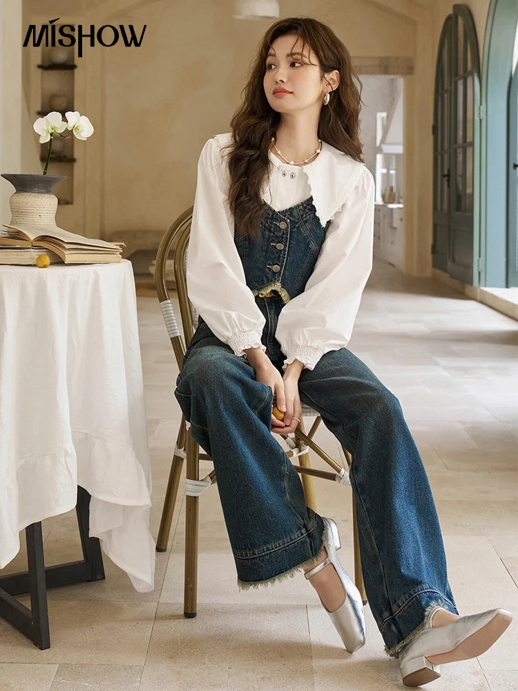 MISHOW American Retro Wide Leg Jeans Spring High Waist Slim Cotton Elastic Denim Straight Trouser Hem Tassels Pants MXD12K0538