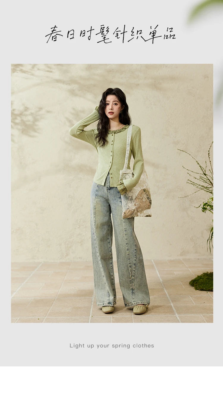 MISHOW Green Plaid Knitted Top 2025 Spring Lotus Leaf Sleeves Tees Slim Long Sleeve Curled Collar Single Breasted Top MXE14Z1152