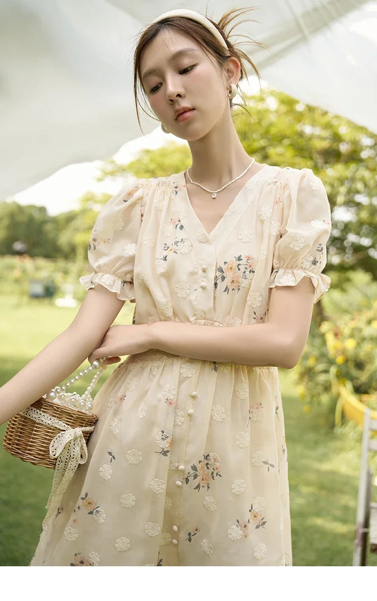 MISHOW Women's Chiffon Dress 2025 Summer French Elegant Floral Embroidered A-LINE V-Neck Sweet Knee-Length Dresses MXC38L1424