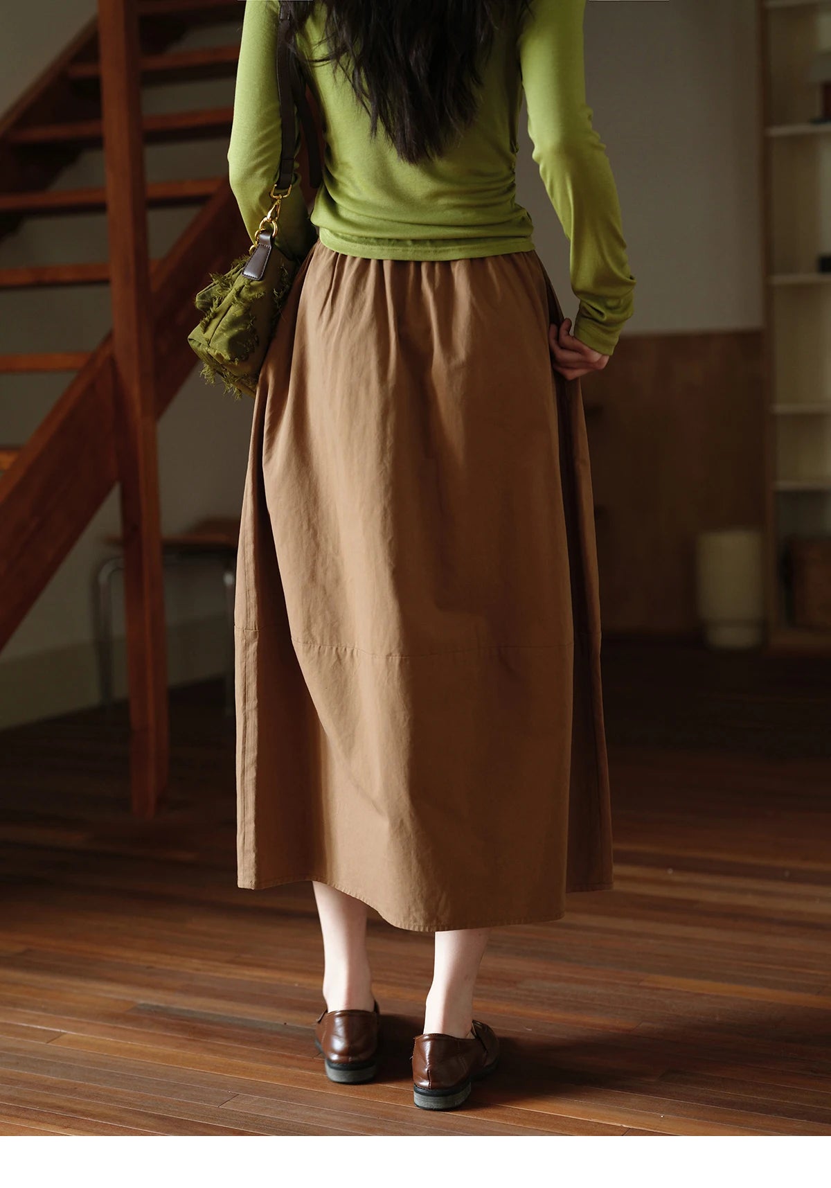 MISHOW Autumn Brown Cotton Bud Skirt 2025 Autumn Elastic Drawstring High Waist Slim A-line Casual Skirt with Pocket MXE41B2367