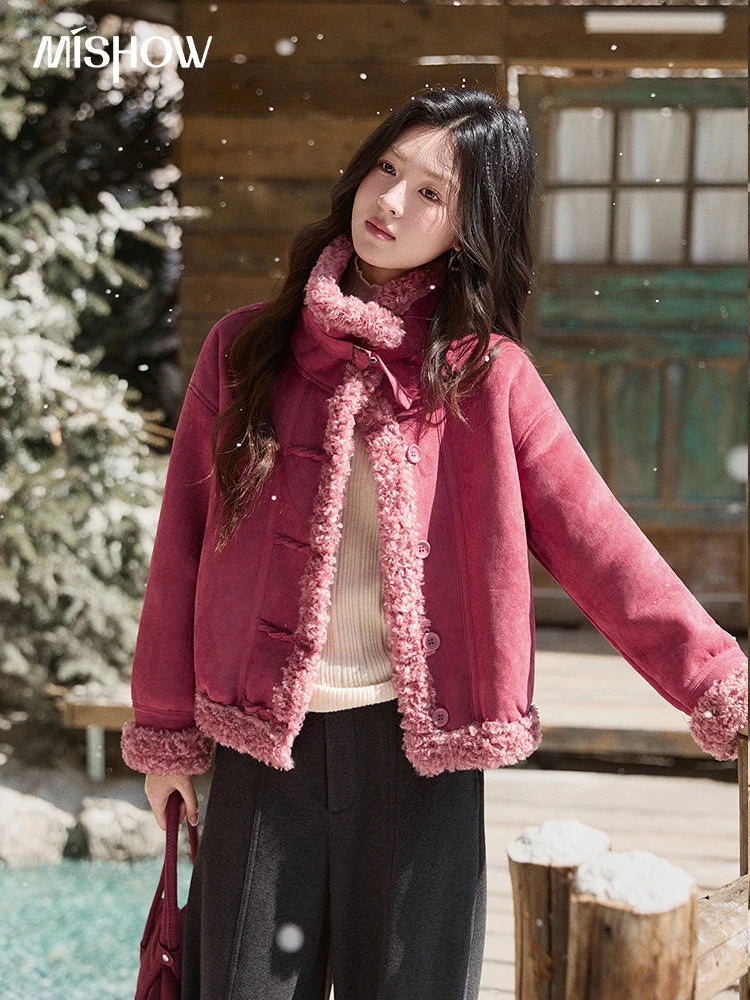 MISHOW Women's Dragon Fruit Red Suede Patchwork Coat 2025 Winter Color Block Stand Collar Thickened Short Outerwear MXE87W0942