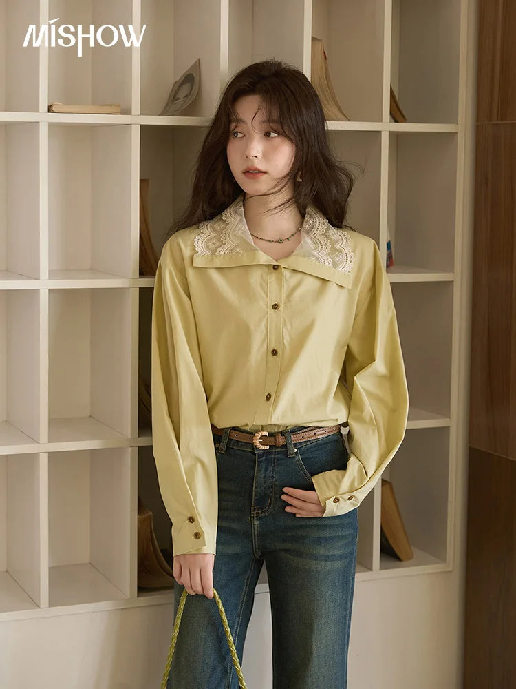 MISHOW Autumn Solid Cotton Shirt Autumn V-neck Double-layer Lace Retro Design Shirts Single Breasted Tops Office Lady MXE41C2366