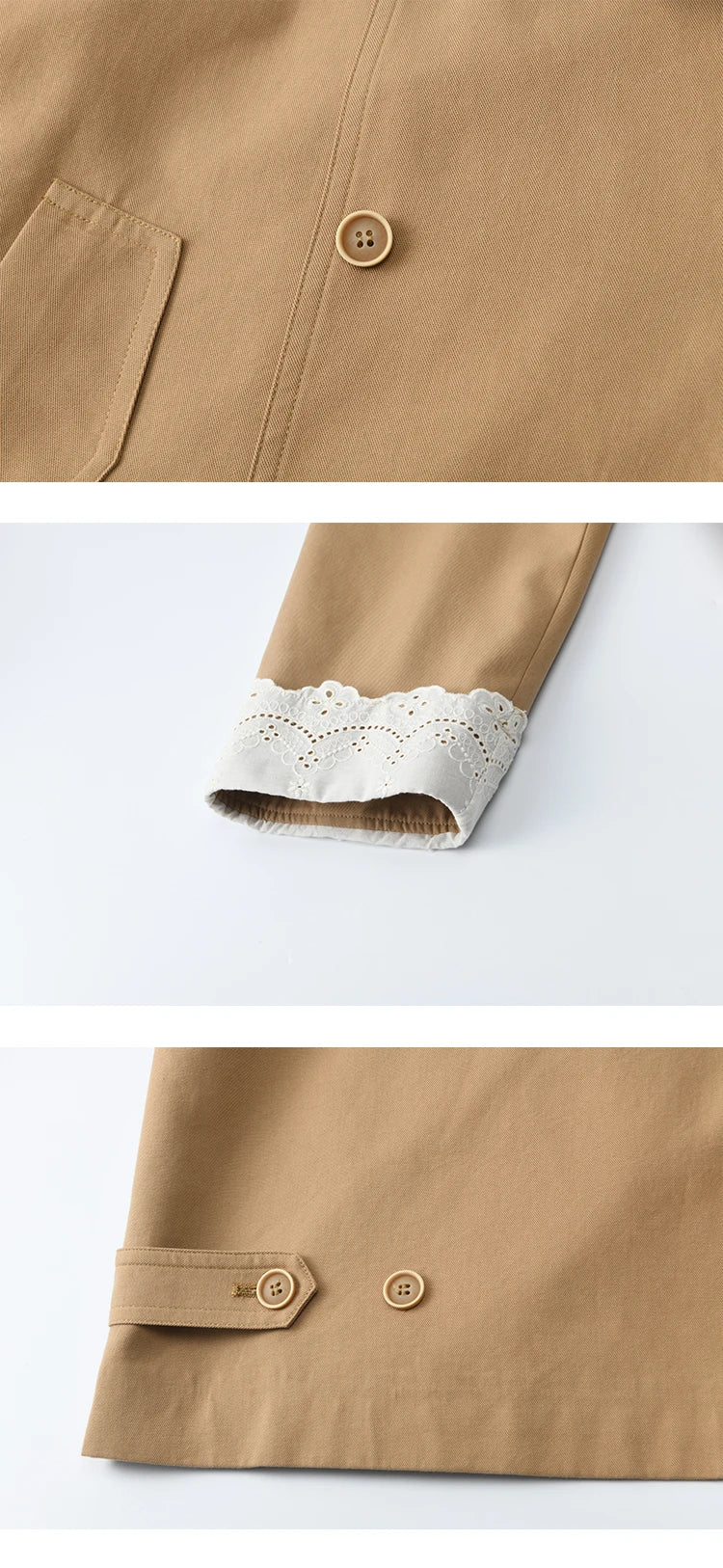 MISHOW Coats for Elegant Women Cotton 2025 Autumn Khaki Ruffled Cuff Splicing Lace Short Trench Coat Casual Jacket MXE45W0831